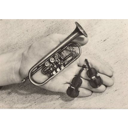 Miniature Old Toy Trumpet Violin in Palm Of Hand RPC Postcard