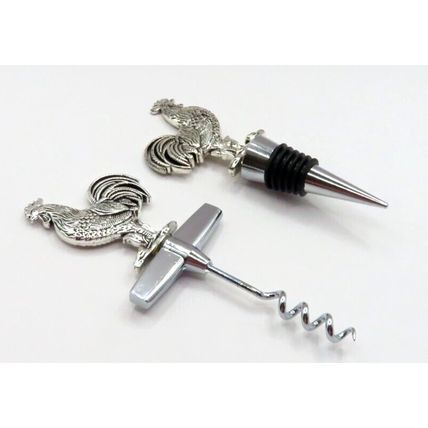 Cockerel Wine Bottle Stopper & Corkscrew Set Metal Silver Colour Gift Home Decor