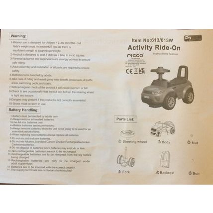 Ricco 3-in-1 Ride On Car Foot To Floor Slider Toddler w/ Horn Steering White
