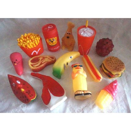 BARGAIN FOOD THEMED DOGGY TAKEAWAY VINYL SQUEAKY DOG TOYS SML-MED 7 or 14 toys