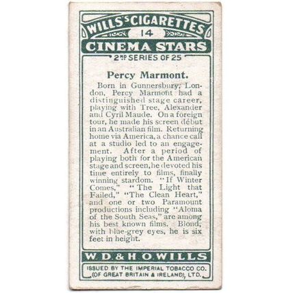 WILLS CIGARETTE CARD CINEMA STARS 2nd. SERIES 1928 No.14 PERCY MARMONT