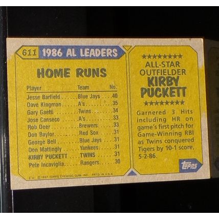 TOPPS 1987 KIRBY PUCKETT AMERICAN LEAGUE ALL-STAR BASEBALL CARD #611