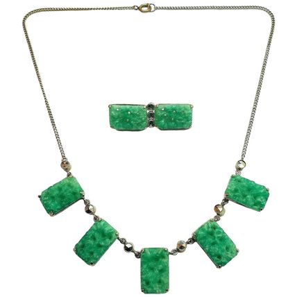 Vintage 1930s Art Deco Czech Green Peking Glass Necklace & Brooch Jewellery Set