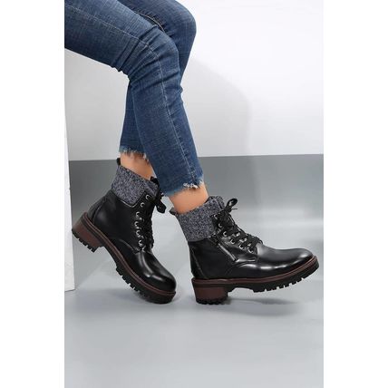 Black Knitted Patched Lace-up Heeled Ankle Boots