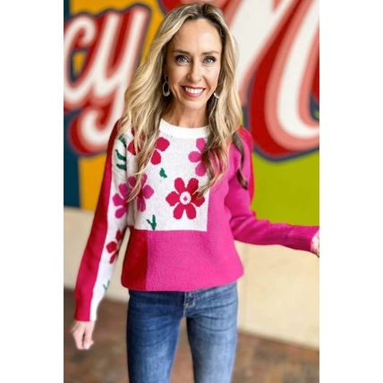 Rose Red Floral Mixed Color Block Sweater