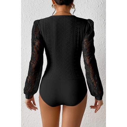 Black Frenchy Contrast Lace Bishop Sleeve Bodysuit