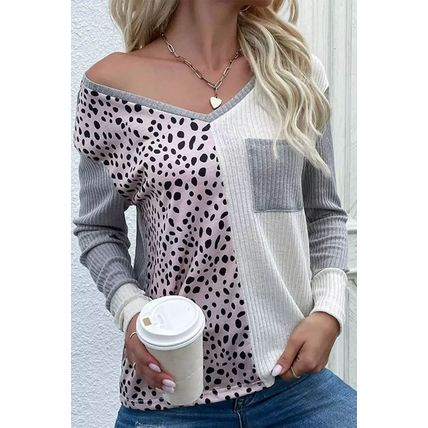 Leopard Patchwork Ribbed Color Block V Neck Top