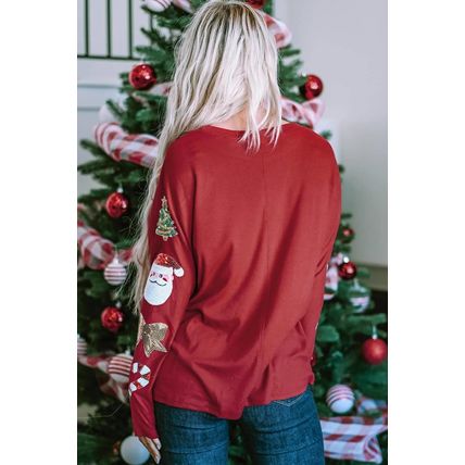 Red Sequined Christmas Favor Sleeve Casual Pullover