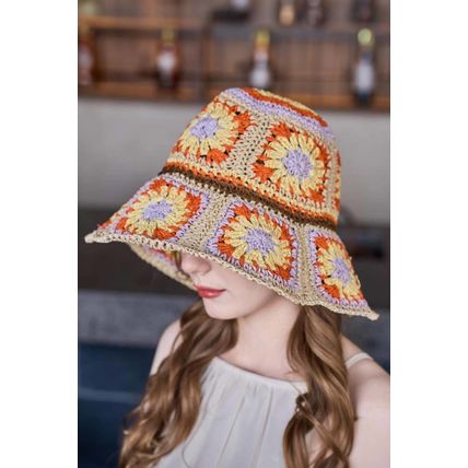 Beige Boho Flower Crochet Wide Brim Buckle Hat