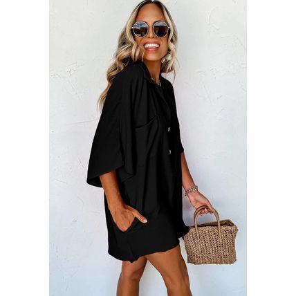 Black Half Button Collared Loose Romper