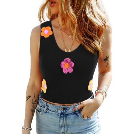 Black 3D Flower Decor Cropped Sweater Vest