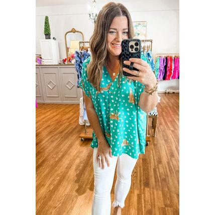 Green Cheetah Print V Neck Short Sleeve Plus Top