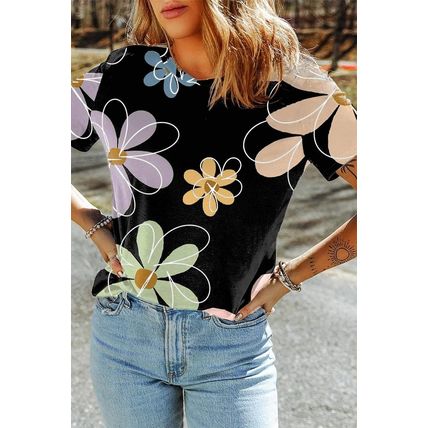 Black Summer Flower Print Casual Round Neck T Shirt