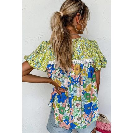 Green Bubble Sleeve Lace Trim Floral Mixed Print Blouse