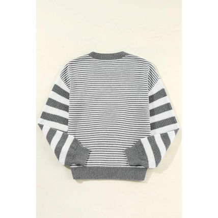 Gray Stripe Geometric Textured Drop Shoulder Sweater