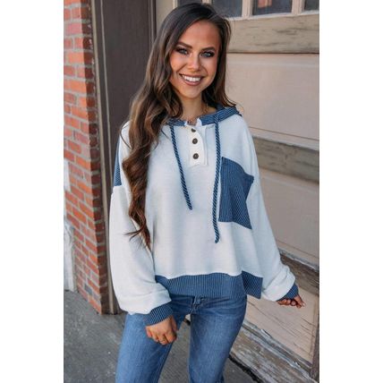 White Corded Colorblock Patch Pocket Drawstring Hooded Top