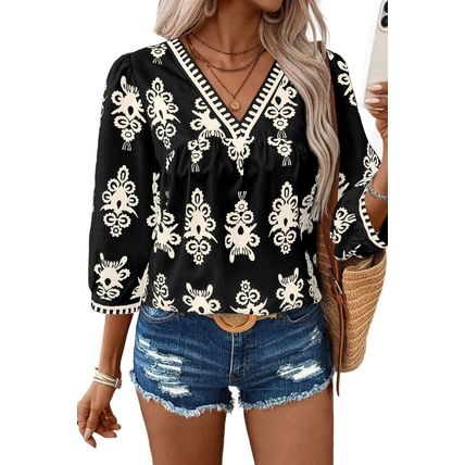 Black Vintage Geometric Printed 3/4 Sleeve V Neck Blouse