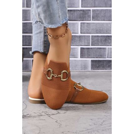 Chestnut Leather Strap Buckle Decor Slip On Flats