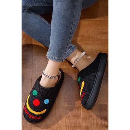 Black Keep Smile Printed Sherpa Home Slippers
