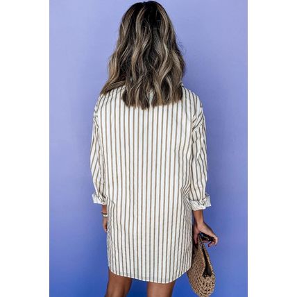 Khaki Stripe Long Sleeve Button Up Mini Shirt Dress