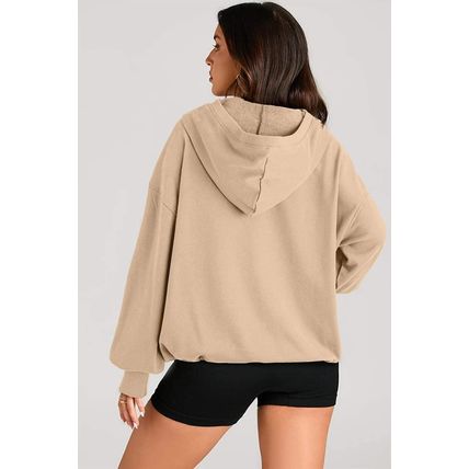 Parchment Solid Kangaroo Pocket Half Zipper Oversized Hoodie