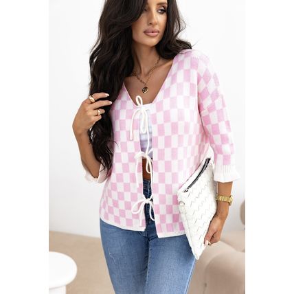 Light Pink Checkered Knitted Lace-up Ruffled 3/4 Sleeve Cardigan