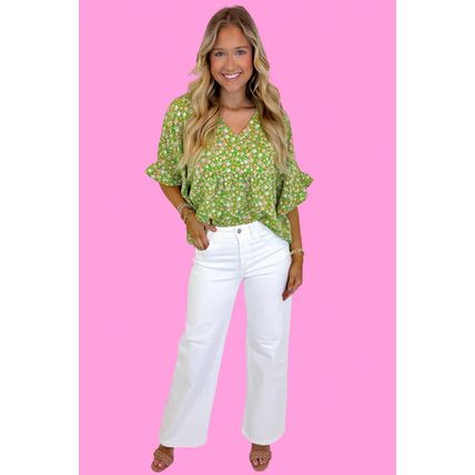 Green Floral Print Ruffle Sleeve V Neck Blouse Top