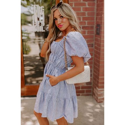 Sky Blue Stripe Bubble Sleeve Square Neck Ruched Pocketed Babydoll Dress