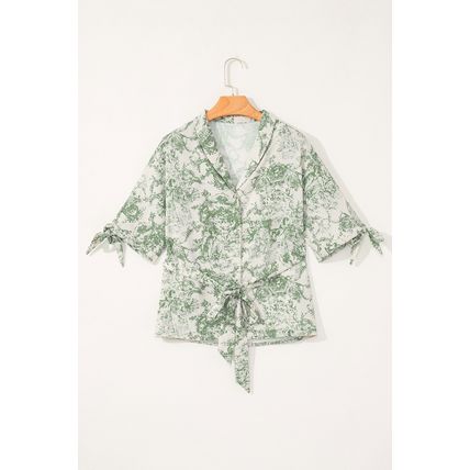 Green Landscape Print Tied 3/4 Sleeve Shirt with Sash