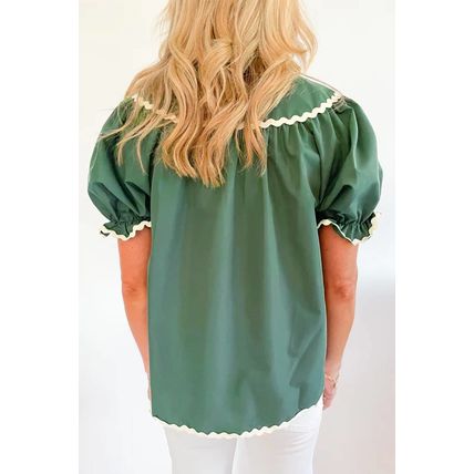 Mist Green Ric Rac Trim Tie Split Neck Short Sleeve Blouse