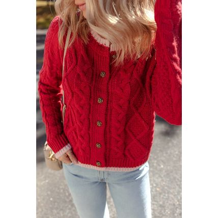 Racing Red Color Contrast Edge Cable Knit Buttoned Cardigan