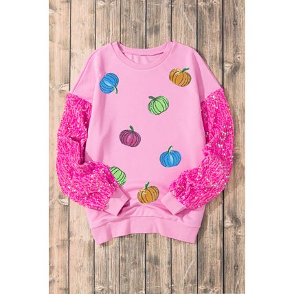 Pink Sequin Sleeve Pumpkin Pattern Thanksgiving Halloween Patchwork Pullover Top