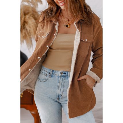 Cinnamon Fleece Lined Buttoned Flap Pockets Corduroy Jacket
