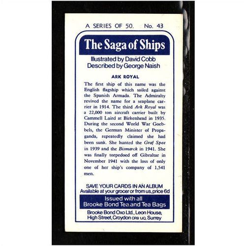 Brooke Bond Tea Card, The Saga of Ships,Ark Royal. No.43