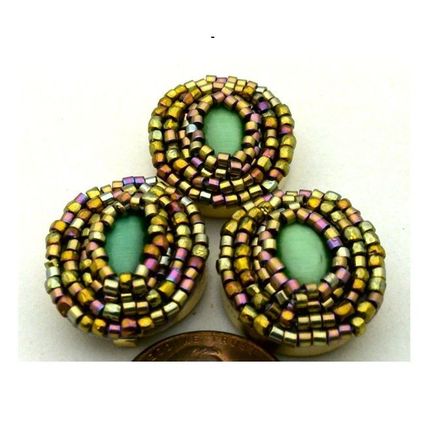 Green Cateye Beaded Clip On Button Covers Set 4