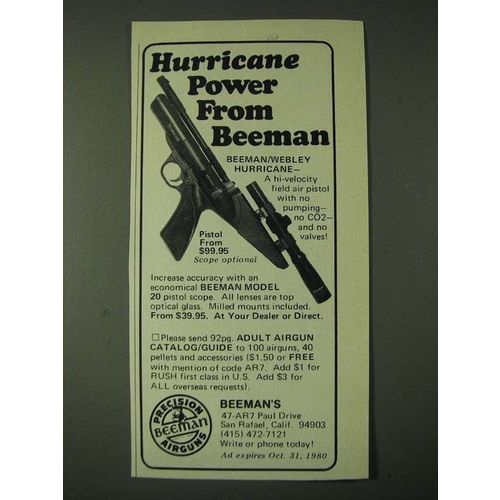 1980 Beeman/Webley Hurricane Air Pistol Ad - Hurricane power from Beeman