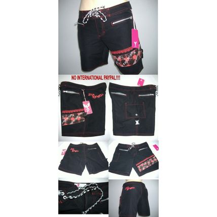 New Junior Womens 3 SEA ANGEL Punk Surf Swim Board Shorts Black Red