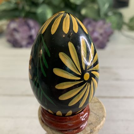 VTG Wooden Easter Egg Ukrainian Pysanky Pisanky Pysanka Hand Painted With Stand