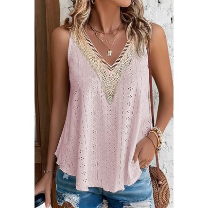 Apricot Pink Lace Crochet Splicing V Neck Loose Fit Tank Top