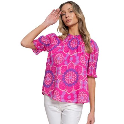Rose Floral Print Frilled Neck Smocked Puff Sleeve Blouse
