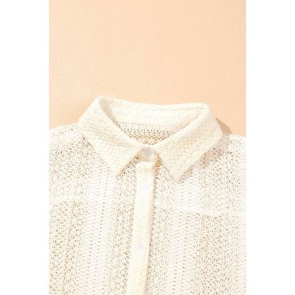 Beige Lace Crochet Collared Tunic Oversized Shirt