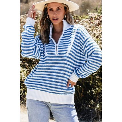 Sky Blue Stripe Zip up Collar Drop Shoulder Sweater