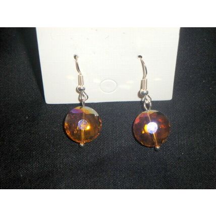 Fire polished flat round amber crystal glass earrings
