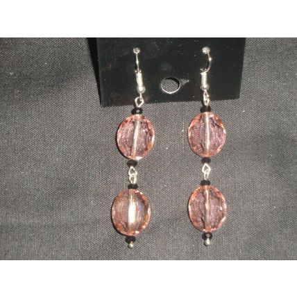 Stunning faceted large oval pink & black crystal glass dangle earrings