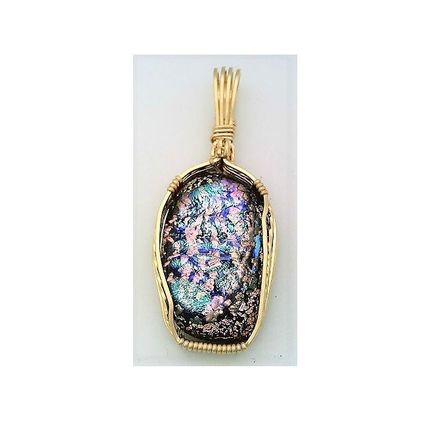 Blue Pink Dichroic Glass Gold Filled Wire Wrap Pendant 5
