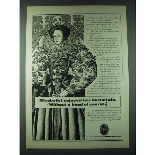 1989 Burton Ale Ad - Elizabeth I enjoyed her Burton ale. (without a head)