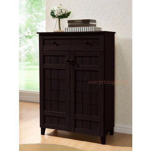 Modern Wood Tall Shoe Rack Storage Cabinet Brown Oak Slate Gray Shelves Door