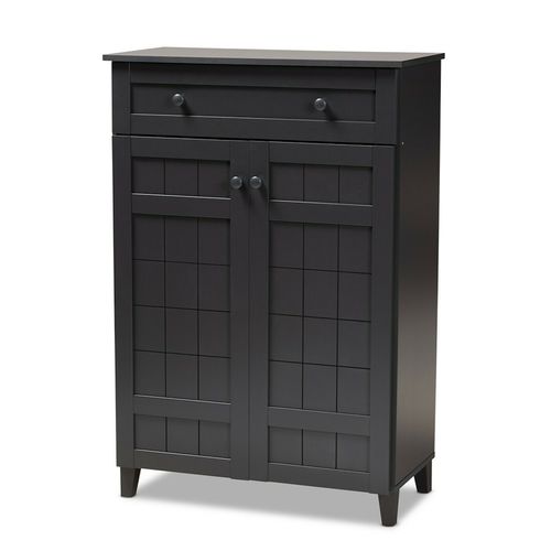 Modern Wood Tall Shoe Rack Storage Cabinet Brown Oak Slate Gray Shelves Door