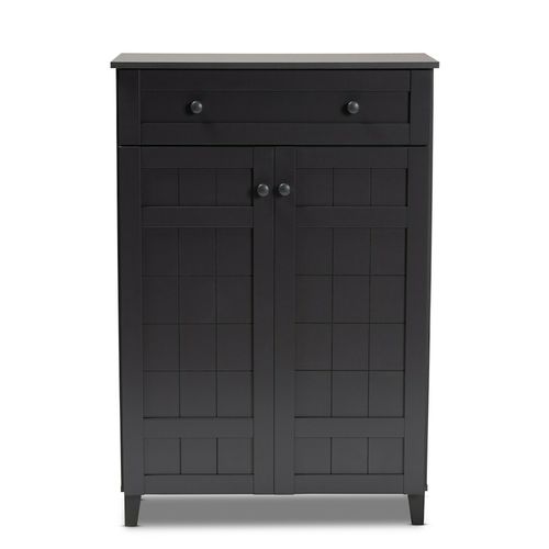 Modern Wood Tall Shoe Rack Storage Cabinet Brown Oak Slate Gray Shelves Door