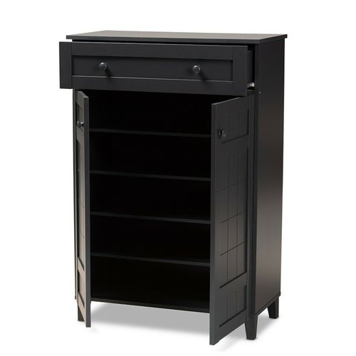 Modern Wood Tall Shoe Rack Storage Cabinet Brown Oak Slate Gray Shelves Door